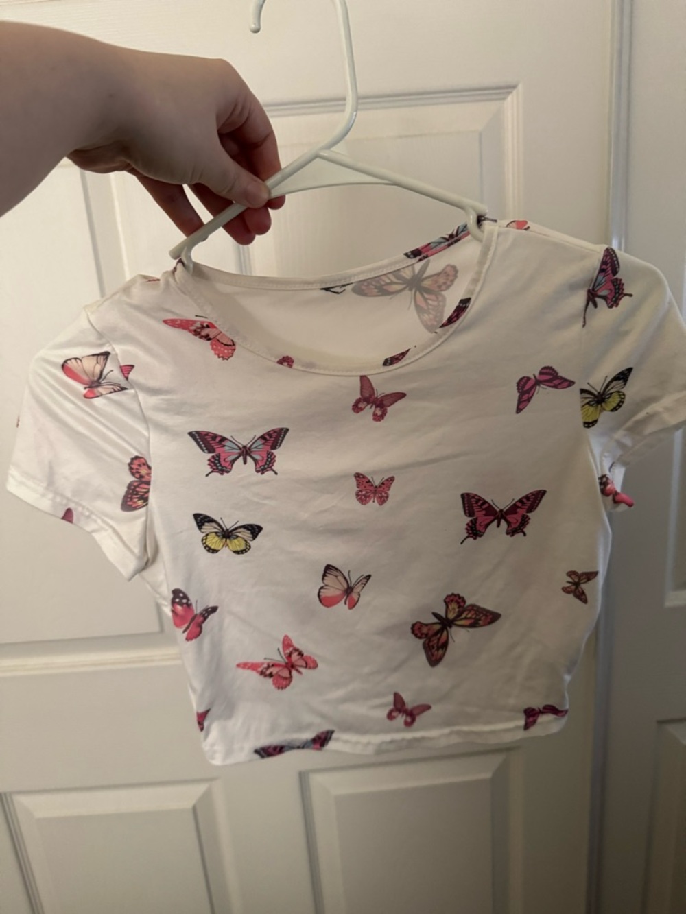 White Butterfly Print Crop Tee - Women Tops